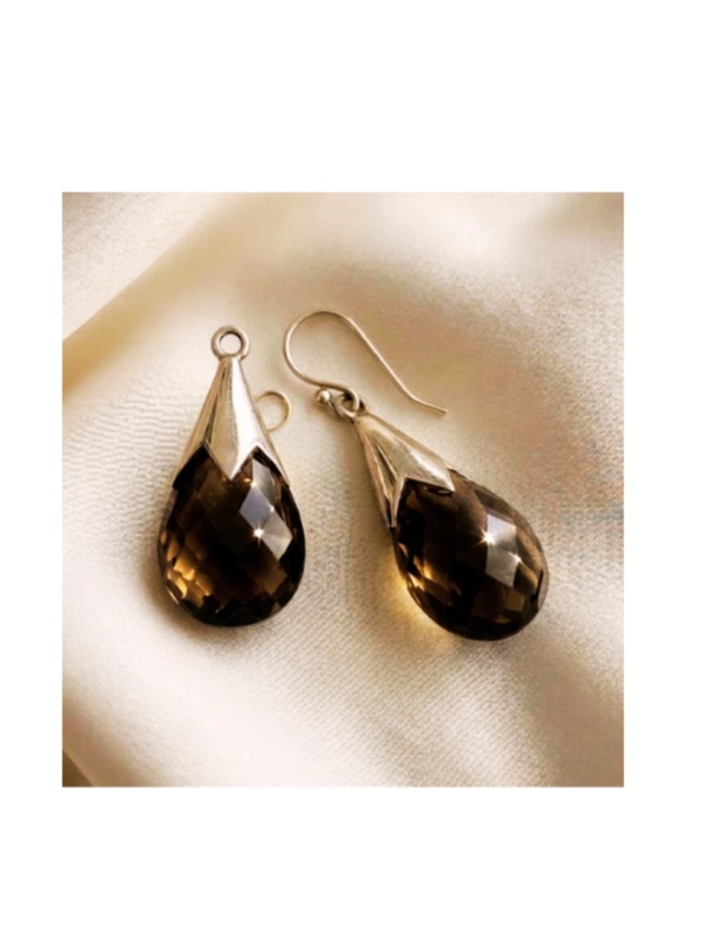 Vintage Sterling Silver Smoky Topaz Briolette Earrings (1.5" Drop)